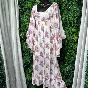 H&M Maxi Dress Size 2 Floral Cream Square‎ Neck Flutter Sleeve Tiered Boho 3290